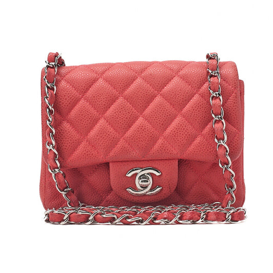 CHANEL Chain Shoulder Bag Mini Matelasse 17cm Caviar Skin Red Silver-Tone Hardware, Pre-Owned