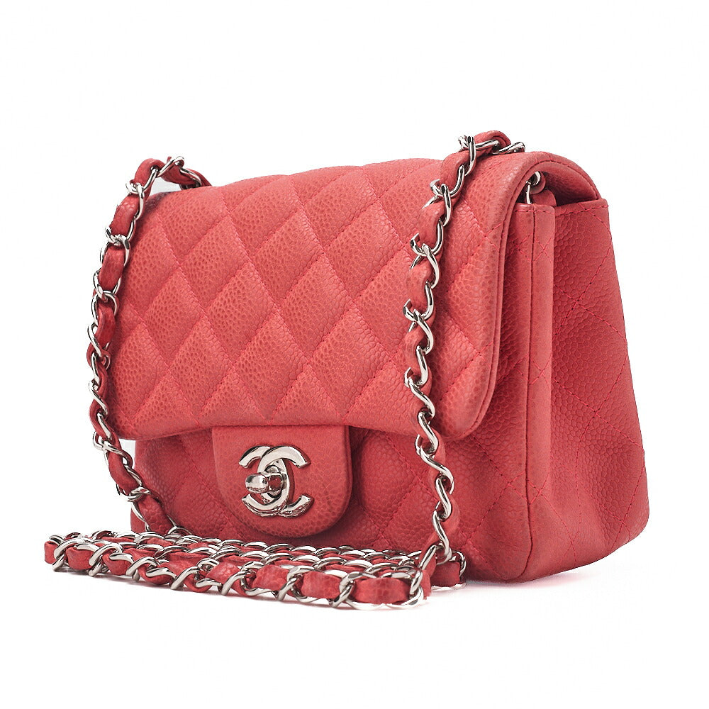 CHANEL Chain Shoulder Bag Mini Matelasse 17cm Caviar Skin Red Silver-Tone Hardware, Pre-Owned