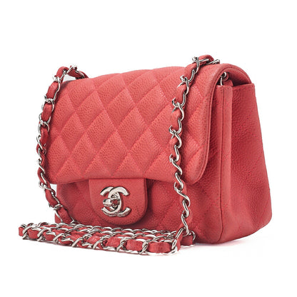 CHANEL Chain Shoulder Bag Mini Matelasse 17cm Caviar Skin Red Silver-Tone Hardware, Pre-Owned