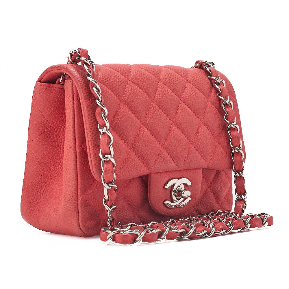 CHANEL Chain Shoulder Bag Mini Matelasse 17cm Caviar Skin Red Silver-Tone Hardware, Pre-Owned