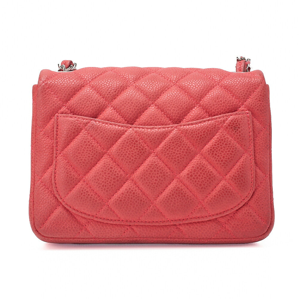 CHANEL Chain Shoulder Bag Mini Matelasse 17cm Caviar Skin Red Silver-Tone Hardware, Pre-Owned