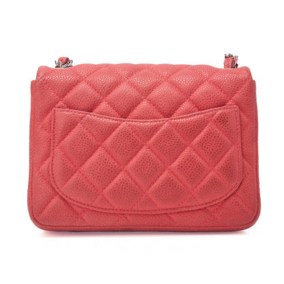 CHANEL Chain Shoulder Bag Mini Matelasse 17cm Caviar Skin Red Silver-Tone Hardware, Pre-Owned