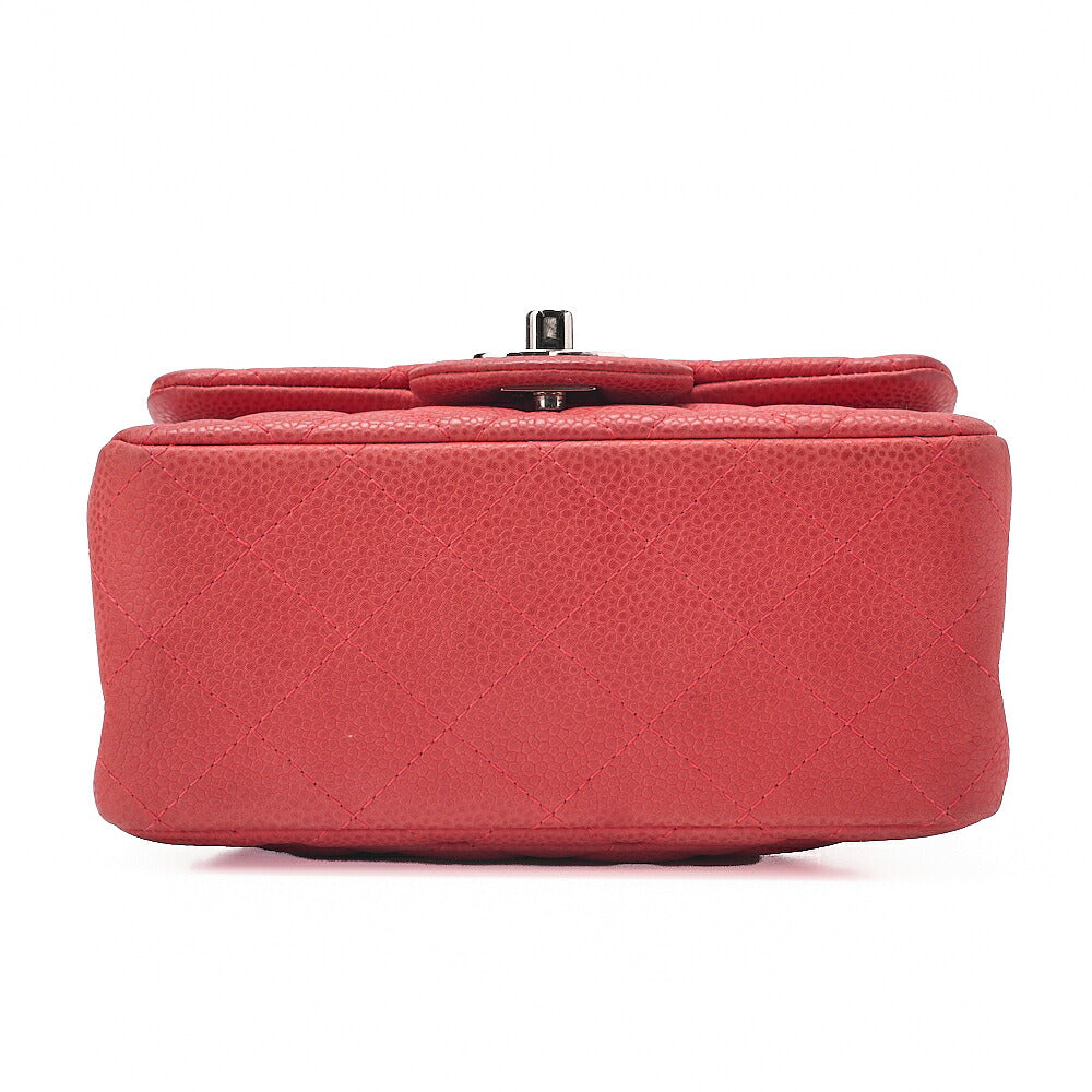 CHANEL Chain Shoulder Bag Mini Matelasse 17cm Caviar Skin Red Silver-Tone Hardware, Pre-Owned