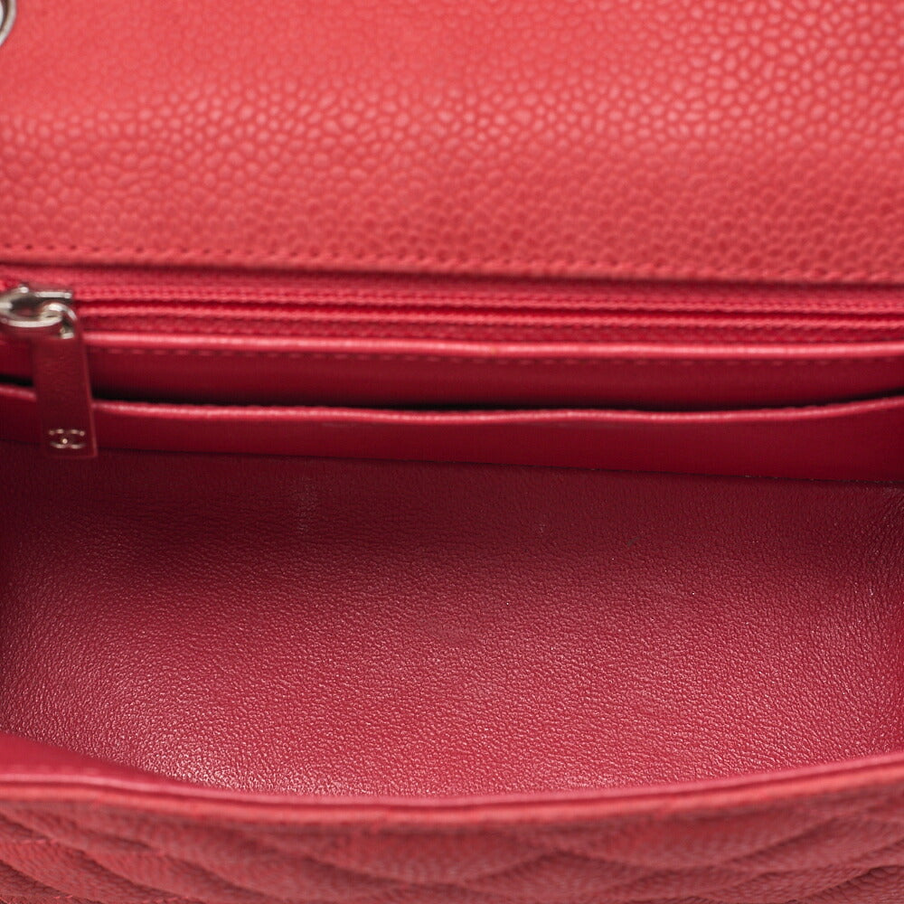 CHANEL Chain Shoulder Bag Mini Matelasse 17cm Caviar Skin Red Silver-Tone Hardware, Pre-Owned