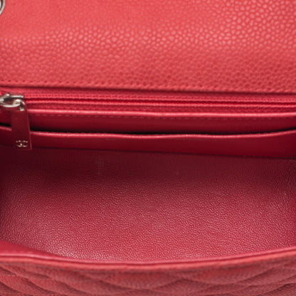 CHANEL Chain Shoulder Bag Mini Matelasse 17cm Caviar Skin Red Silver-Tone Hardware, Pre-Owned