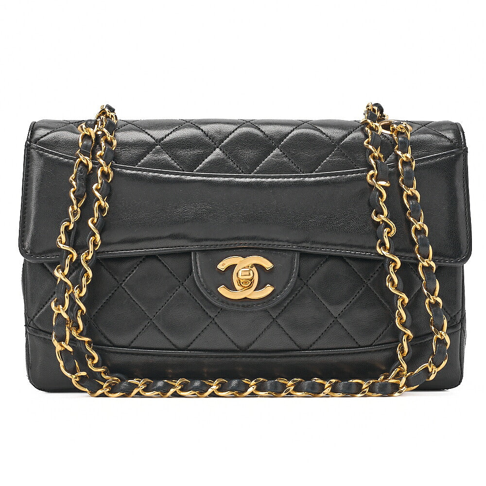 CHANEL Lambskin Matelasse Design Flap Single Chain Shoulder Black Gold-Tone Hardware, Pre-Owned