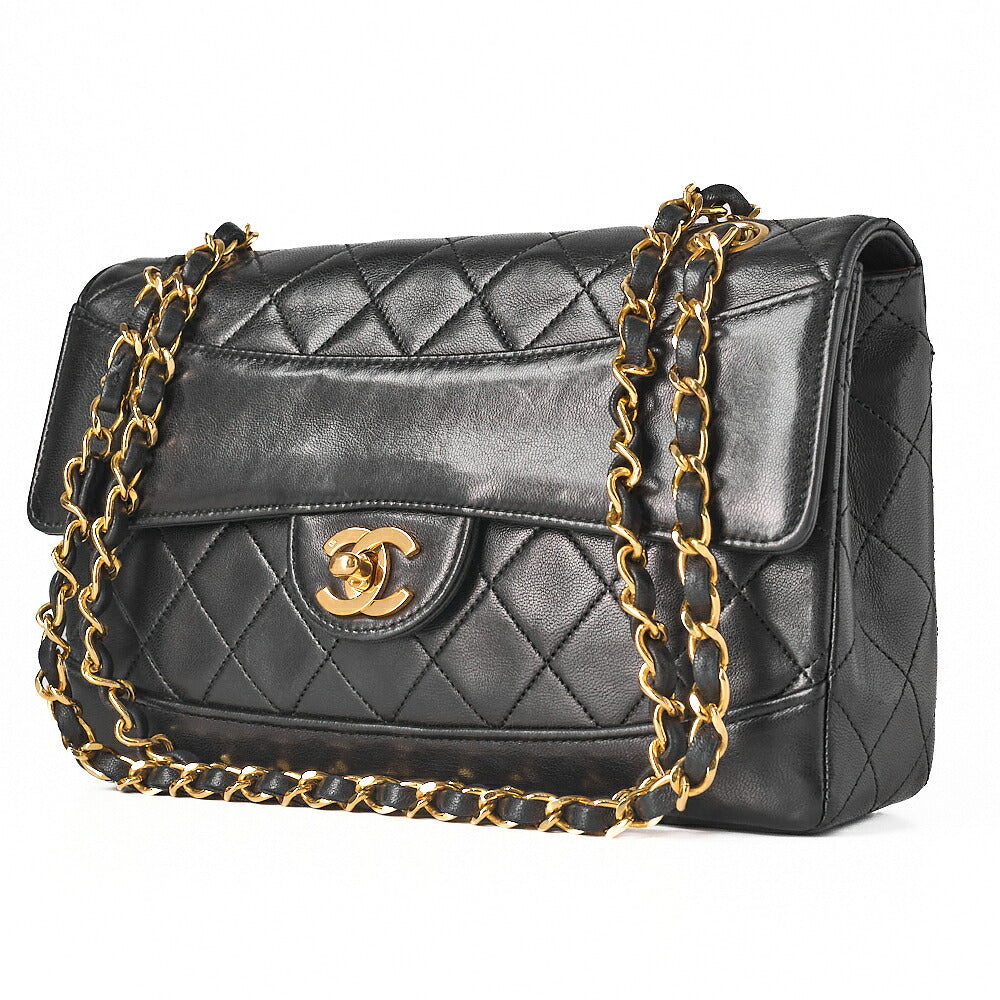 CHANEL Lambskin Matelasse Design Flap Single Chain Shoulder Black Gold-Tone Hardware, Pre-Owned