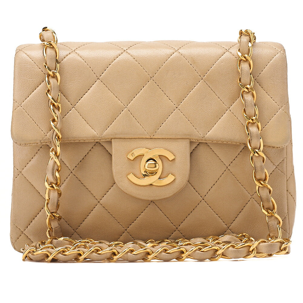 CHANEL Chain Shoulder Bag Mini Matelasse 17cm Turn Lock Lambskin Beige Gold-Tone Hardware, Pre-Owned
