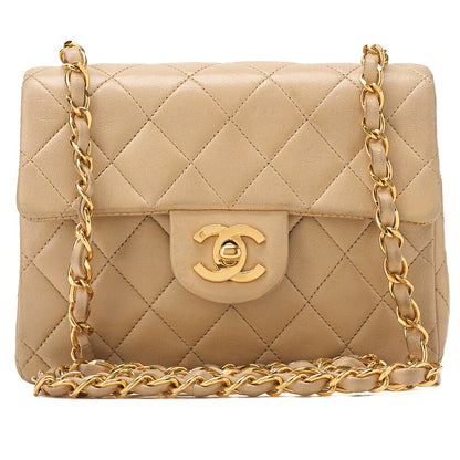 CHANEL Chain Shoulder Bag Mini Matelasse 17cm Turn Lock Lambskin Beige Gold-Tone Hardware, Pre-Owned