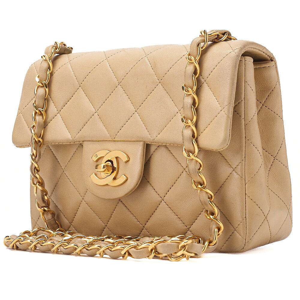 CHANEL Chain Shoulder Bag Mini Matelasse 17cm Turn Lock Lambskin Beige Gold-Tone Hardware, Pre-Owned