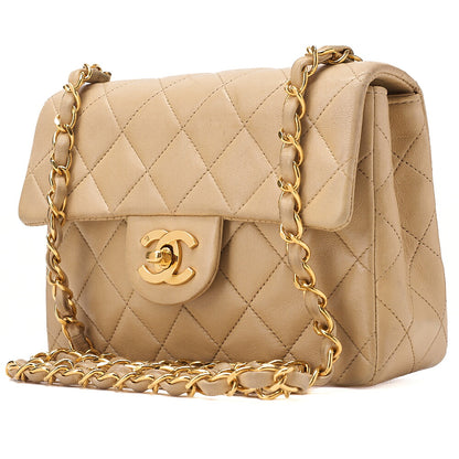 CHANEL Chain Shoulder Bag Mini Matelasse 17cm Turn Lock Lambskin Beige Gold-Tone Hardware, Pre-Owned