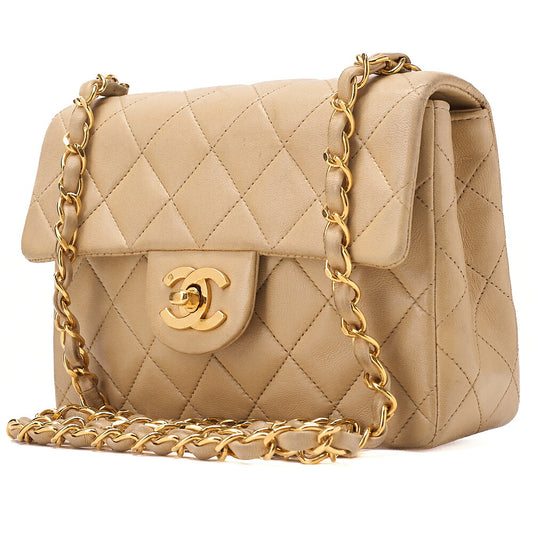 CHANEL Chain Shoulder Bag Mini Matelasse 17cm Turn Lock Lambskin Beige Gold-Tone Hardware, Pre-Owned