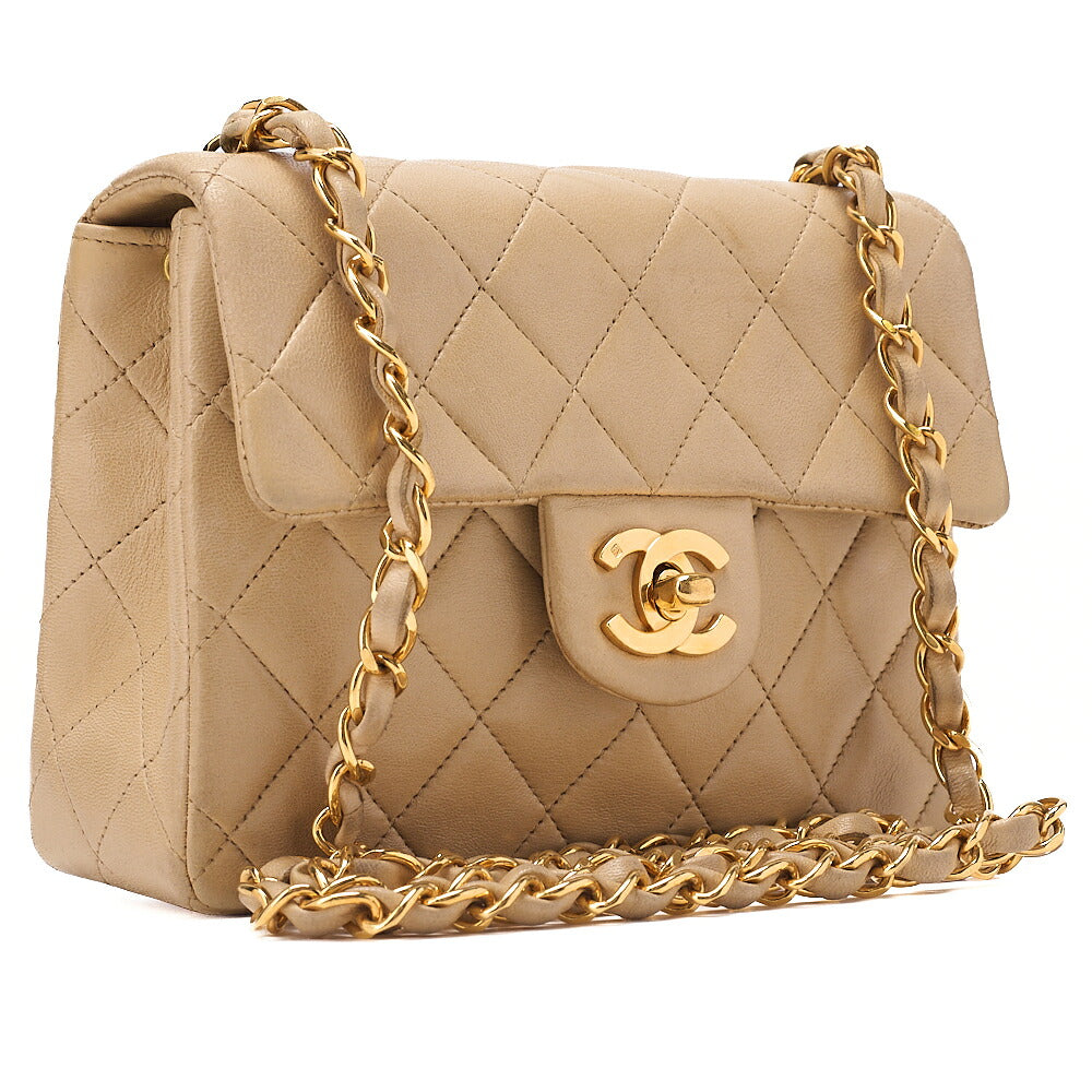 CHANEL Chain Shoulder Bag Mini Matelasse 17cm Turn Lock Lambskin Beige Gold-Tone Hardware, Pre-Owned