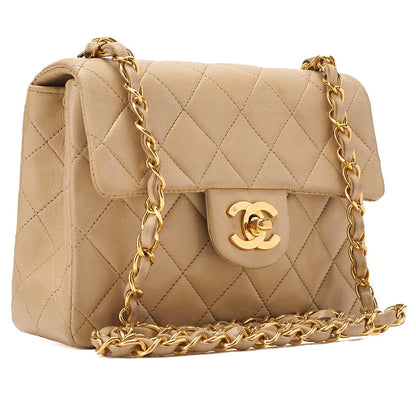CHANEL Chain Shoulder Bag Mini Matelasse 17cm Turn Lock Lambskin Beige Gold-Tone Hardware, Pre-Owned