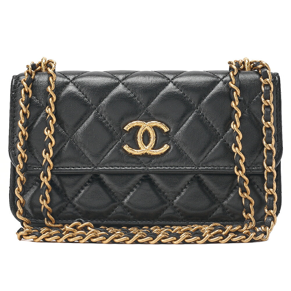 CHANEL Chain Wallet Biju Coco Mark Matelasse Lambskin Black Gold-Tone Hardware, Pre-Owned