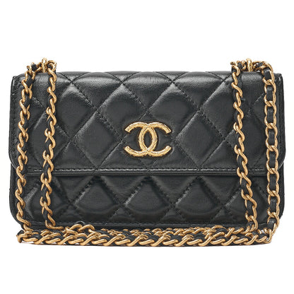 CHANEL Chain Wallet Biju Coco Mark Matelasse Lambskin Black Gold-Tone Hardware, Pre-Owned