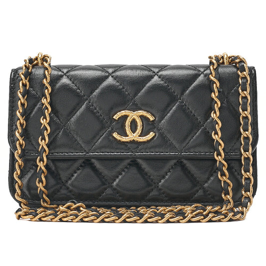CHANEL Chain Wallet Biju Coco Mark Matelasse Lambskin Black Gold-Tone Hardware, Pre-Owned