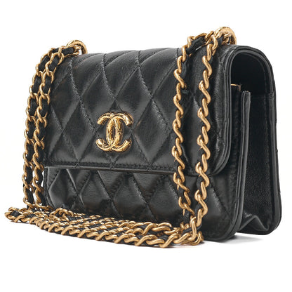 CHANEL Chain Wallet Biju Coco Mark Matelasse Lambskin Black Gold-Tone Hardware, Pre-Owned
