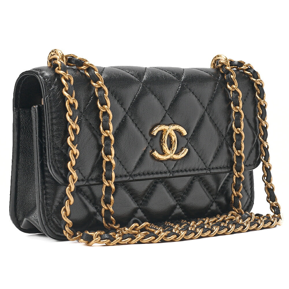 CHANEL Chain Wallet Biju Coco Mark Matelasse Lambskin Black Gold-Tone Hardware, Pre-Owned