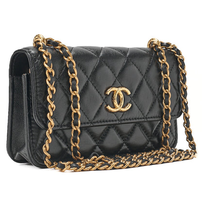 CHANEL Chain Wallet Biju Coco Mark Matelasse Lambskin Black Gold-Tone Hardware, Pre-Owned