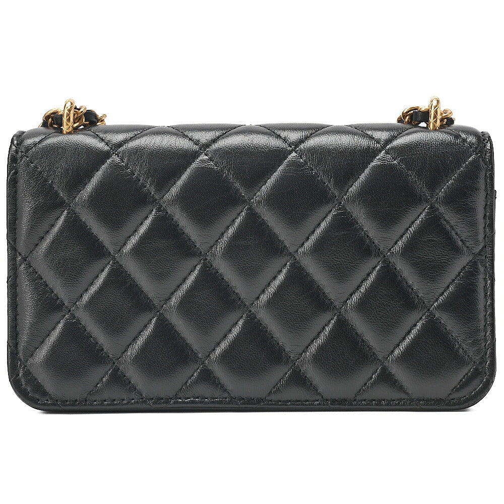 CHANEL Chain Wallet Biju Coco Mark Matelasse Lambskin Black Gold-Tone Hardware, Pre-Owned