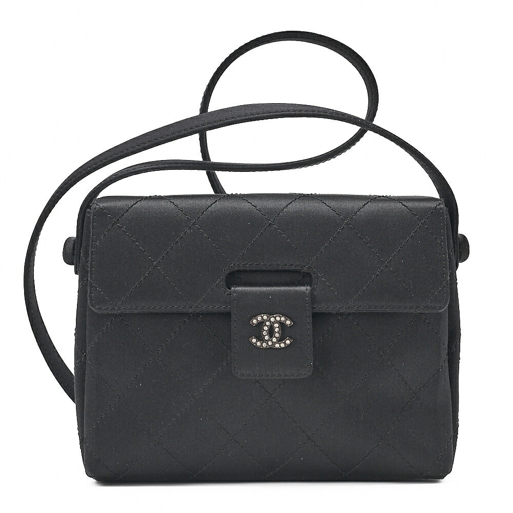 CHANEL Matelasse Satin Rhinestone Shoulder Bag Black Black-Tone Hardware, Pre-Owned