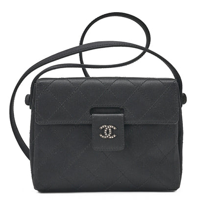 CHANEL Matelasse Satin Rhinestone Shoulder Bag Black Black-Tone Hardware, Pre-Owned