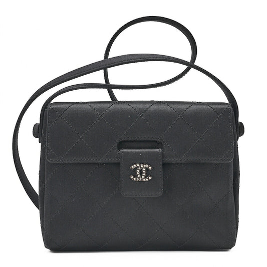 CHANEL Matelasse Satin Rhinestone Shoulder Bag Black Black-Tone Hardware, Pre-Owned