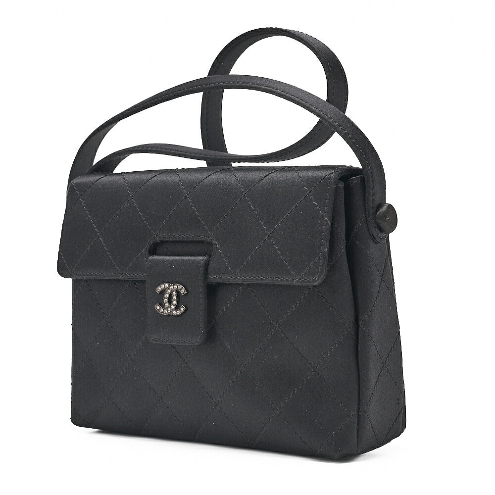 CHANEL Matelasse Satin Rhinestone Shoulder Bag Black Black-Tone Hardware, Pre-Owned