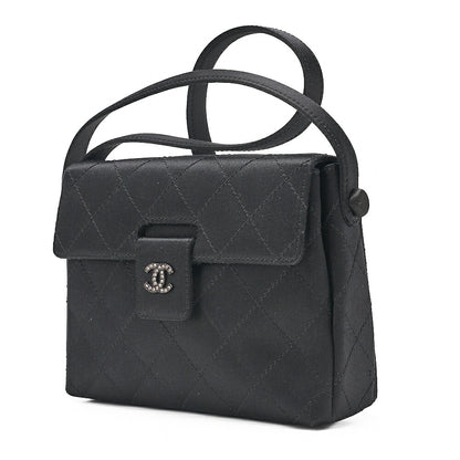 CHANEL Matelasse Satin Rhinestone Shoulder Bag Black Black-Tone Hardware, Pre-Owned