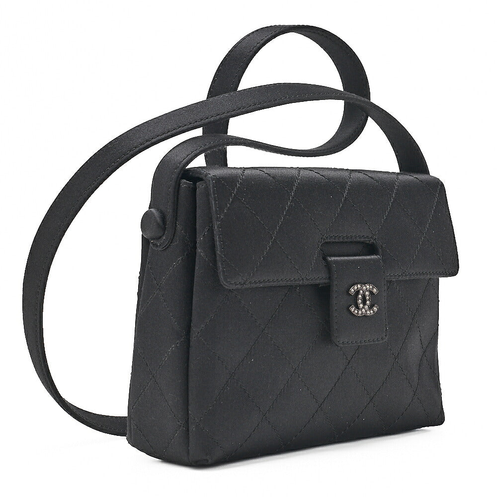 CHANEL Matelasse Satin Rhinestone Shoulder Bag Black Black-Tone Hardware, Pre-Owned