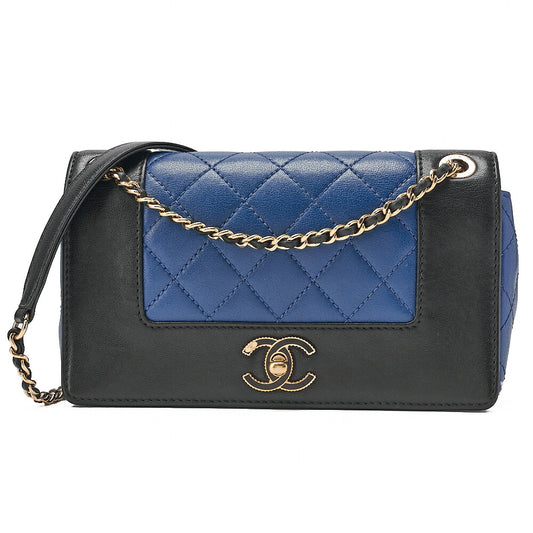 CHANEL Calfskin Matelasse Full Flap Chain Shoulder Bag Turn Lock Bicolor Navy ｘ Black Gold-Tone Hardware, Pre-Owned