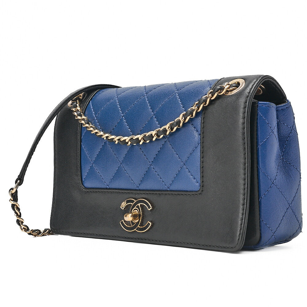 CHANEL Calfskin Matelasse Full Flap Chain Shoulder Bag Turn Lock Bicolor Navy ｘ Black Gold-Tone Hardware, Pre-Owned