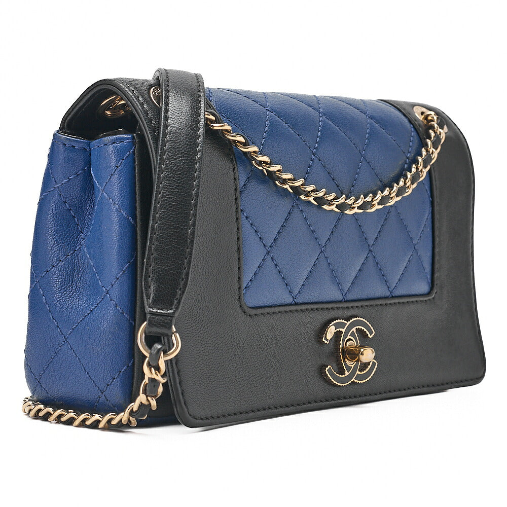 CHANEL Calfskin Matelasse Full Flap Chain Shoulder Bag Turn Lock Bicolor Navy ｘ Black Gold-Tone Hardware, Pre-Owned
