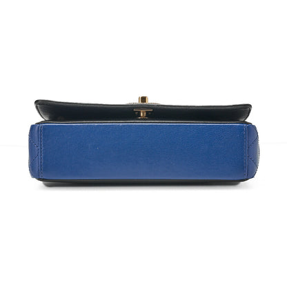CHANEL Calfskin Matelasse Full Flap Chain Shoulder Bag Turn Lock Bicolor Navy ｘ Black Gold-Tone Hardware, Pre-Owned