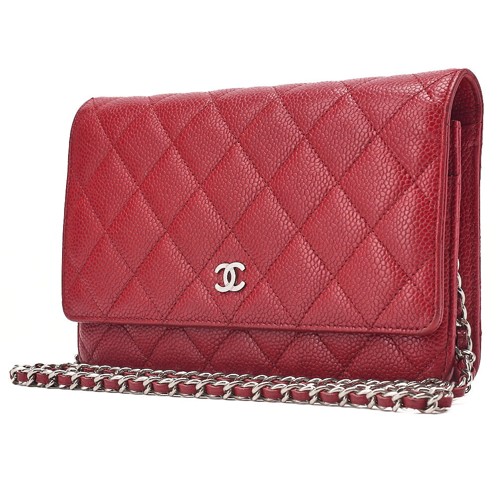 CHANEL Matelasse Chain Wallet Caviskin Red Silver-Tone Hardware, Pre-Owned