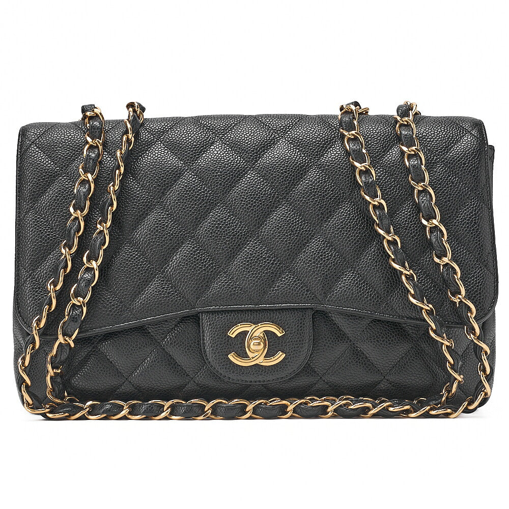 CHANEL Caviar Skin Deka Matelasse 30cm Single Flap Chain Shoulder Bag Black Gold -Tone Hardware, Pre-Owned