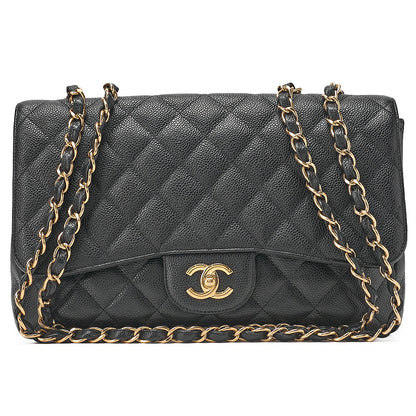 CHANEL Caviar Skin Deka Matelasse 30cm Single Flap Chain Shoulder Bag Black Gold -Tone Hardware, Pre-Owned