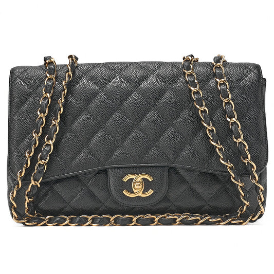CHANEL Caviar Skin Deka Matelasse 30cm Single Flap Chain Shoulder Bag Black Gold -Tone Hardware, Pre-Owned