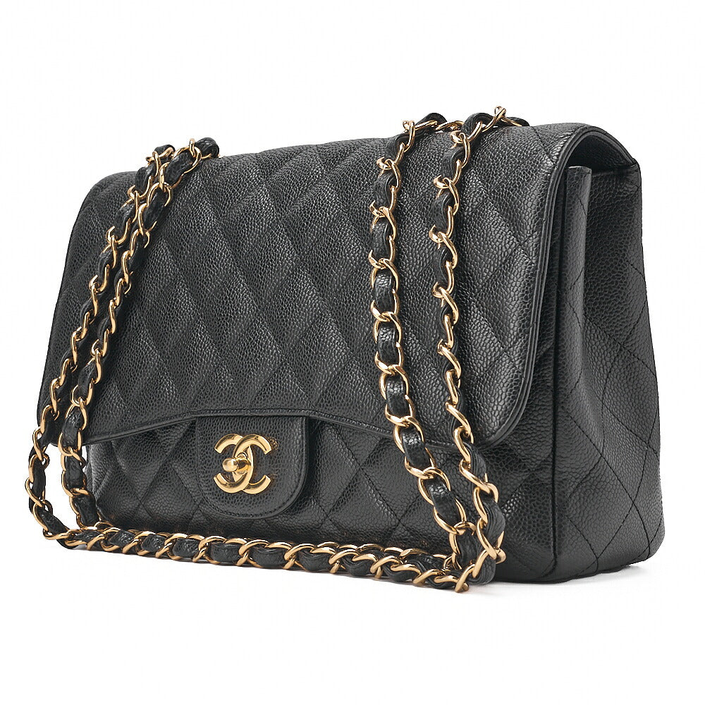 CHANEL Caviar Skin Deka Matelasse 30cm Single Flap Chain Shoulder Bag Black Gold -Tone Hardware, Pre-Owned