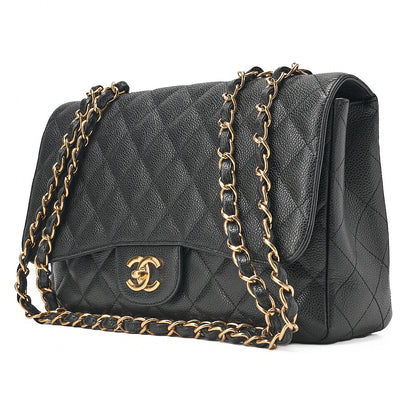 CHANEL Caviar Skin Deka Matelasse 30cm Single Flap Chain Shoulder Bag Black Gold -Tone Hardware, Pre-Owned