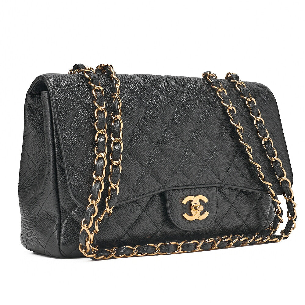 CHANEL Caviar Skin Deka Matelasse 30cm Single Flap Chain Shoulder Bag Black Gold -Tone Hardware, Pre-Owned