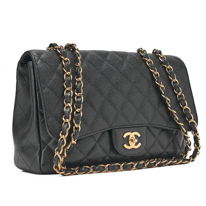 CHANEL Caviar Skin Deka Matelasse 30cm Single Flap Chain Shoulder Bag Black Gold -Tone Hardware, Pre-Owned