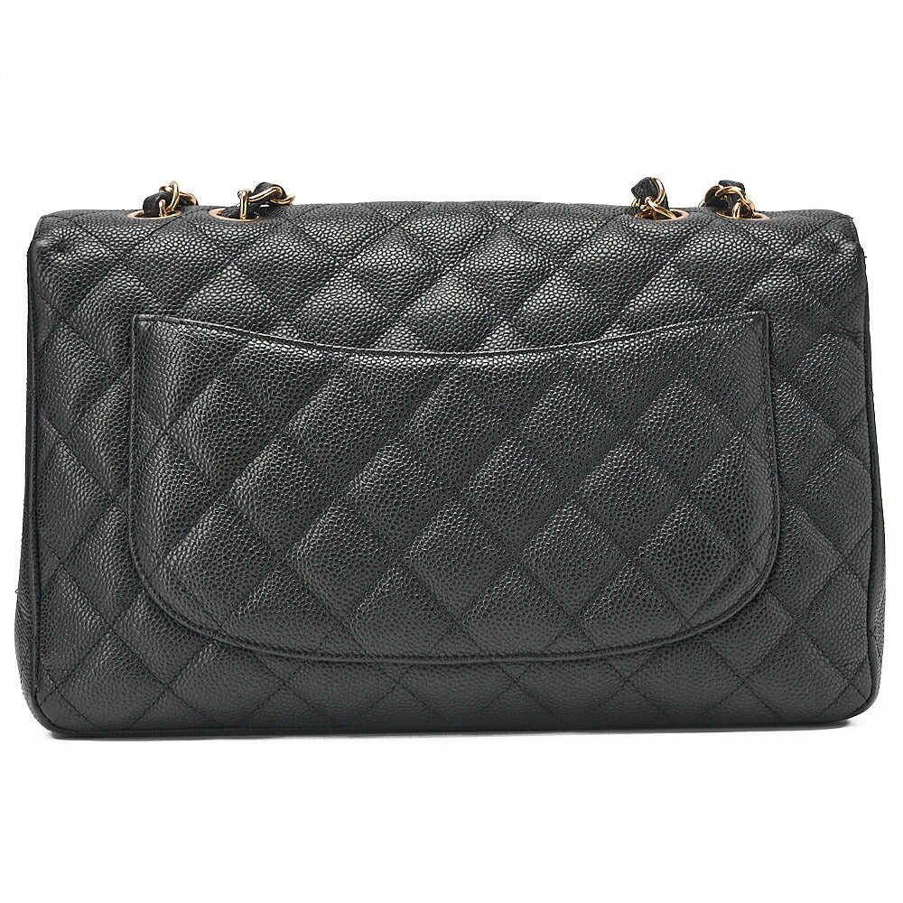 CHANEL Caviar Skin Deka Matelasse 30cm Single Flap Chain Shoulder Bag Black Gold -Tone Hardware, Pre-Owned