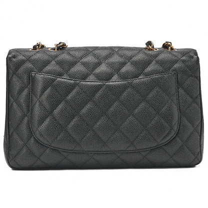 CHANEL Caviar Skin Deka Matelasse 30cm Single Flap Chain Shoulder Bag Black Gold -Tone Hardware, Pre-Owned
