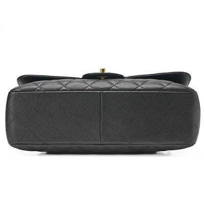 CHANEL Caviar Skin Deka Matelasse 30cm Single Flap Chain Shoulder Bag Black Gold -Tone Hardware, Pre-Owned