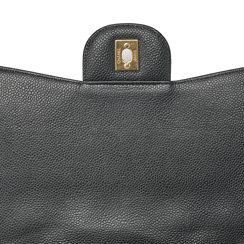 CHANEL Caviar Skin Deka Matelasse 30cm Single Flap Chain Shoulder Bag Black Gold -Tone Hardware, Pre-Owned