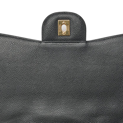 CHANEL Caviar Skin Deka Matelasse 30cm Single Flap Chain Shoulder Bag Black Gold -Tone Hardware, Pre-Owned