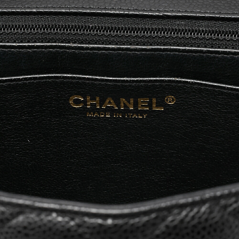 CHANEL Caviar Skin Deka Matelasse 30cm Single Flap Chain Shoulder Bag Black Gold -Tone Hardware, Pre-Owned