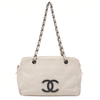 CHANEL Shoulder Bag Matelasse Double Stitch Dekakoko Leather Ivory Silver-Tone Hardware, Pre-Owned